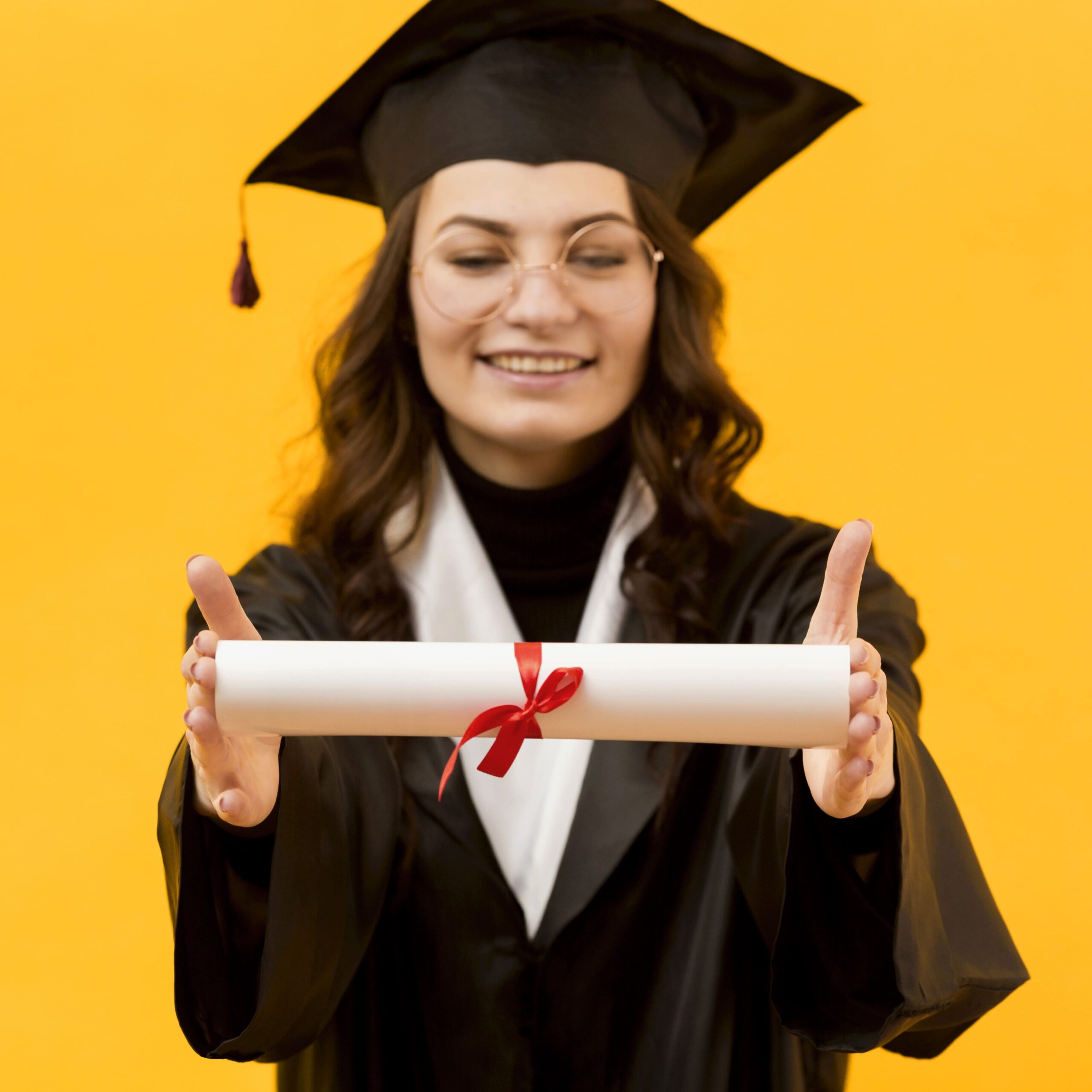 junges Mädchen hält ihre Diplomarbeit in den Händen